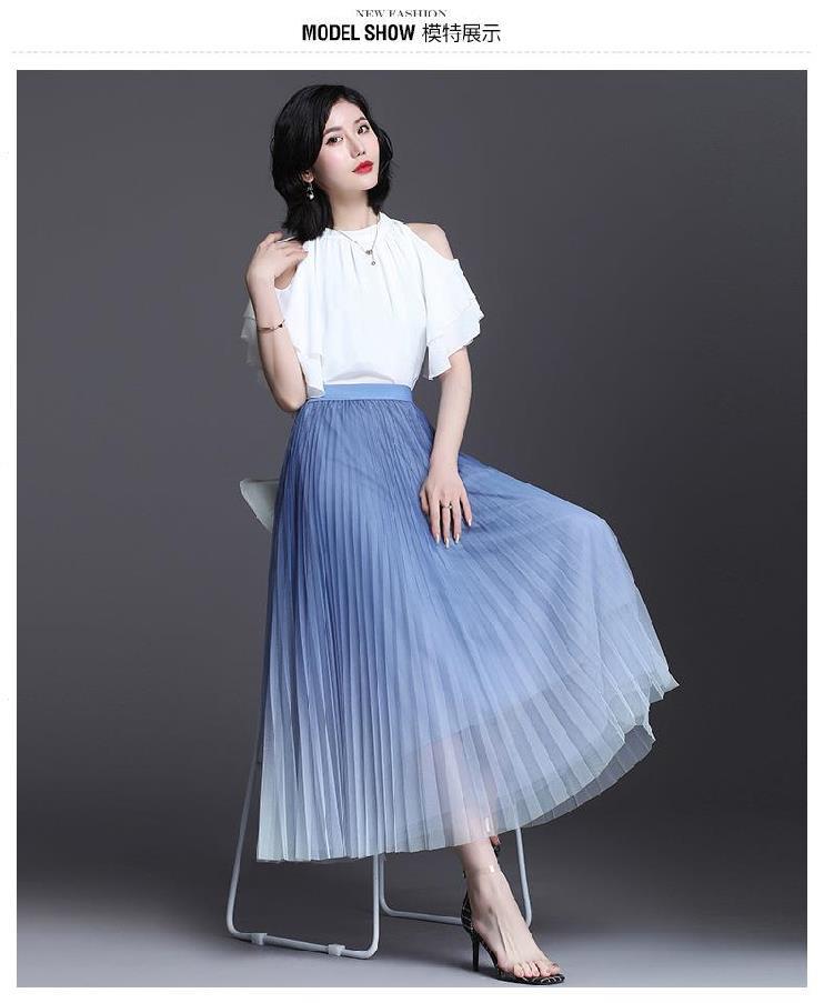裙子百褶半身裙女长款粉色丝滑温柔纱裙夏装浅蓝色半截裙薄荷绿