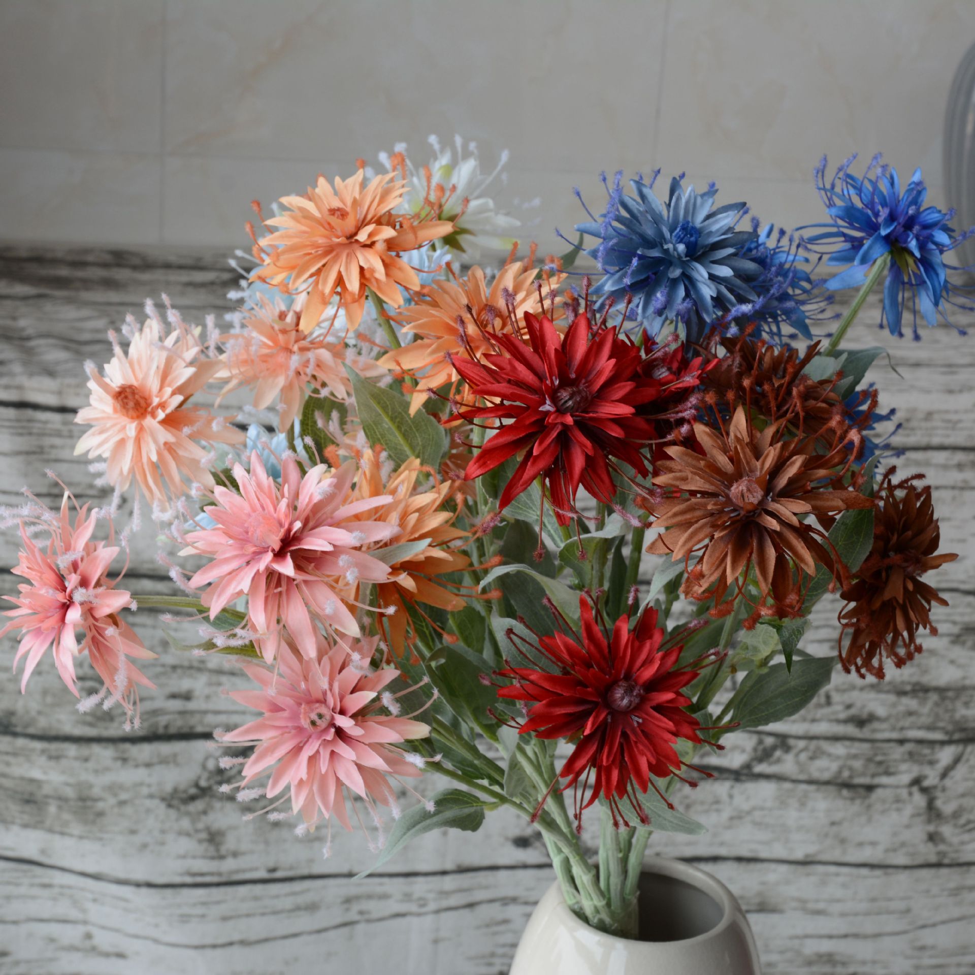 仿真针垫菊植绒蟹爪菊高档针垫花婚庆装饰花材家居摆设花艺假花