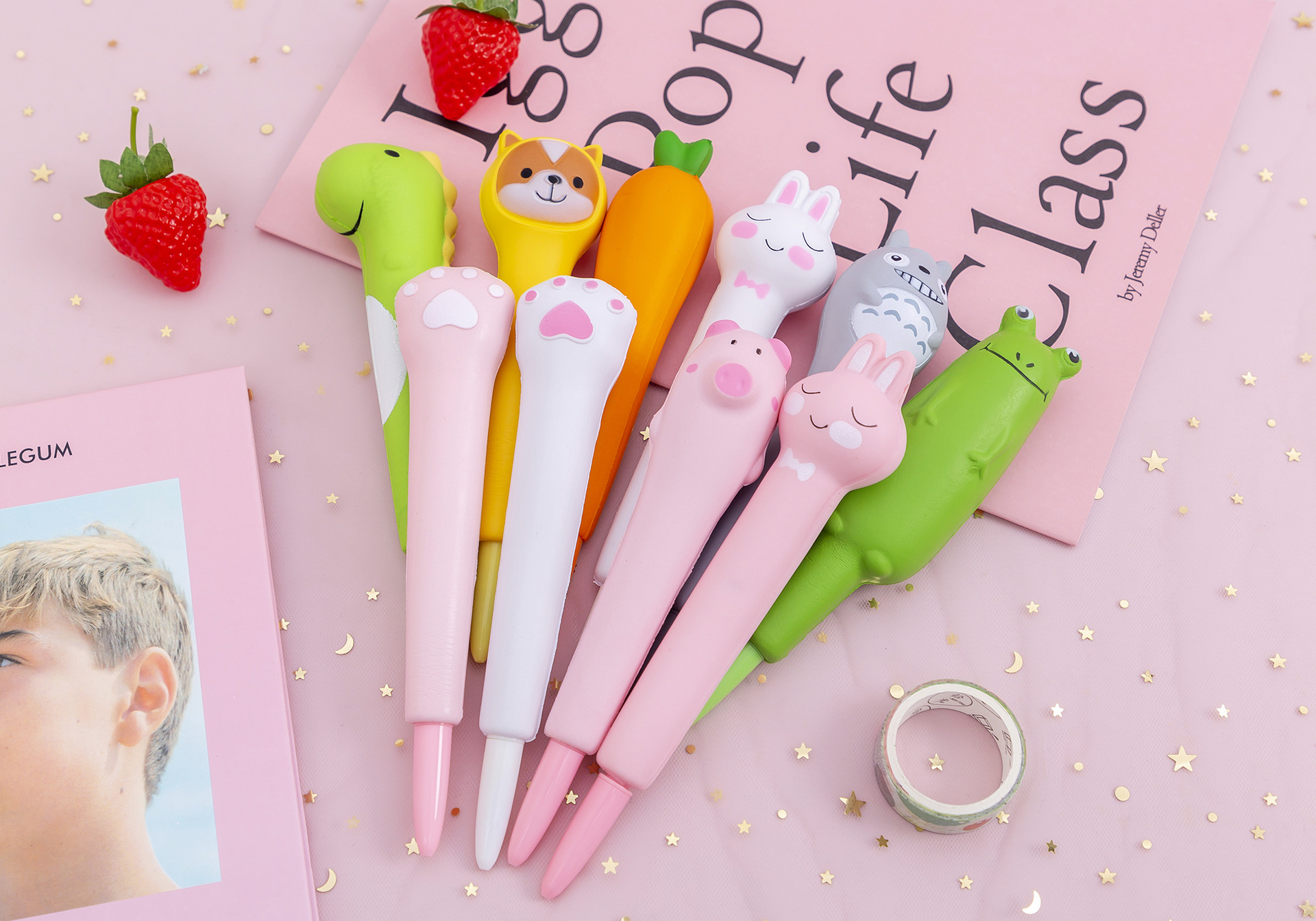 创意卡通动物萌物笔恐龙蔬菜减压发泄中性笔学生文具奖品礼品批发