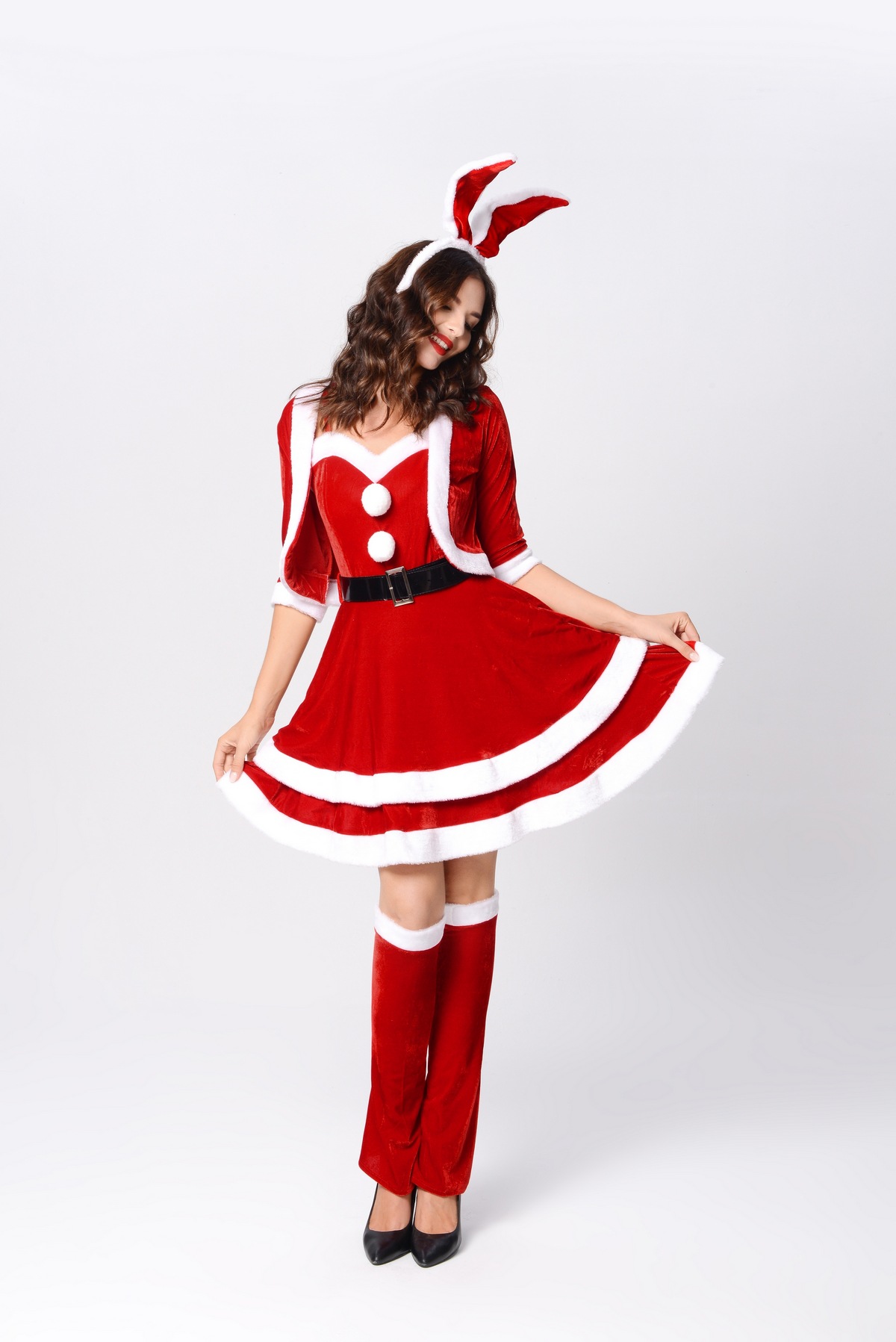 兔女郎红色圣诞制服派对服装ds演出舞台装写真摄影七分袖圣诞装