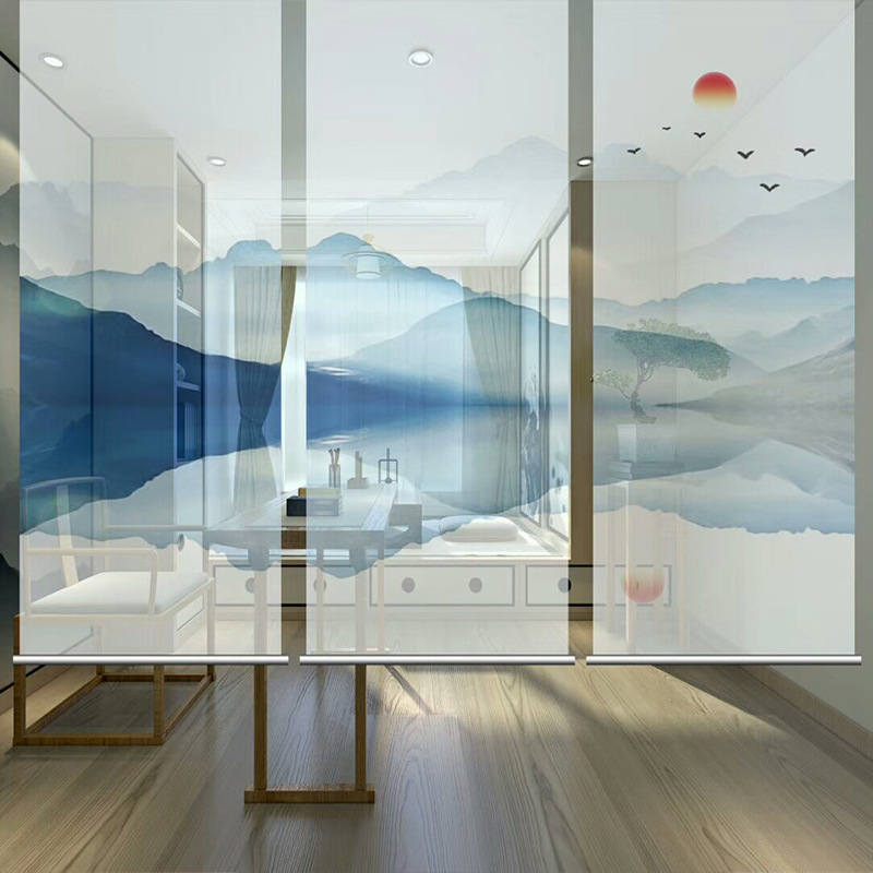 定制新中式透景纱屏画半透明银uv微喷画屏风纱画喷绘纱屏风隔断