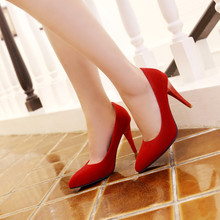 红色高跟鞋女尖头细跟绒面黑色工作职业单鞋优雅女鞋代发