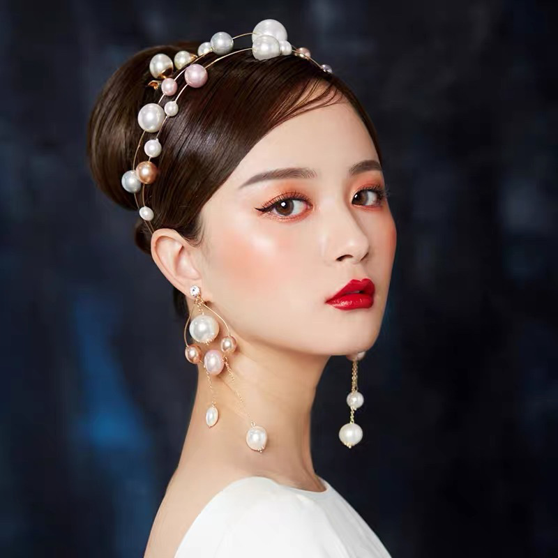 珍珠发箍新娘复古波浪新娘头饰大珍珠发带夸张婚纱礼服配饰影楼