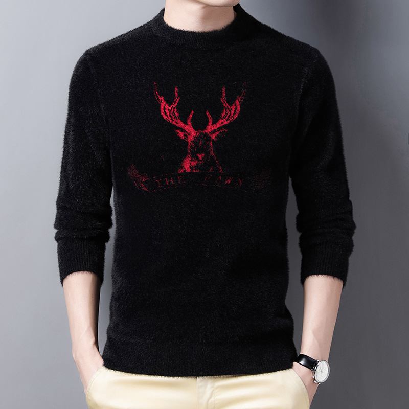 冬季水貂绒毛衣男半高领套头加厚潮流男士水貂毛保暖针织打底衫