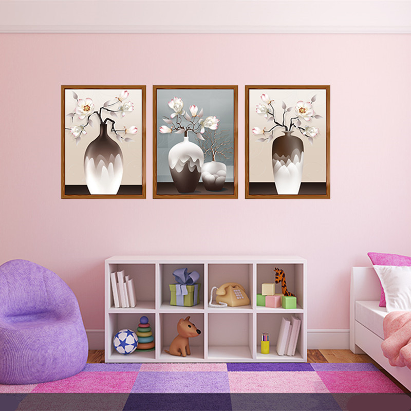 北欧客厅装饰画家庭沙发背景轻奢挂画现代简约创意花瓶花朵三联画