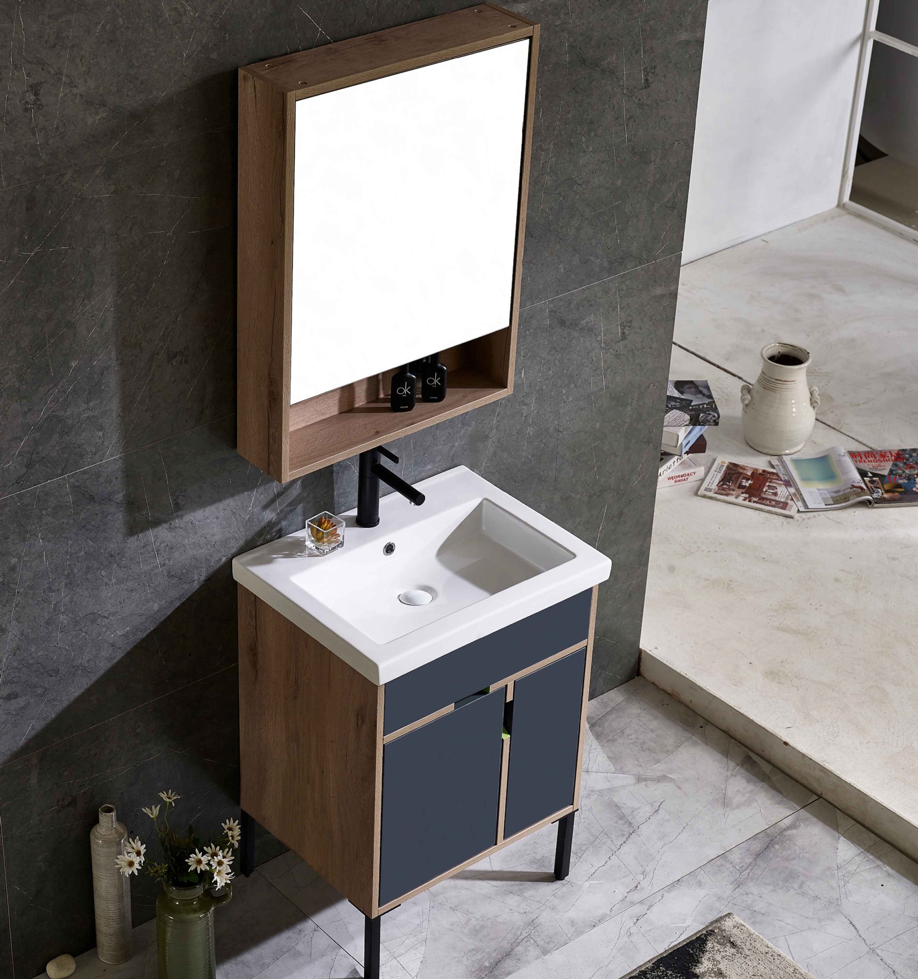 轻奢洗手盆镜柜组合落地式防水工业风浴室柜简约实木卫浴柜qy-v36