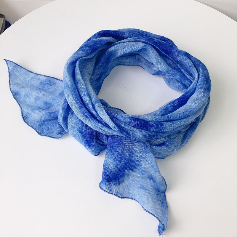 春夏新品亚麻扎染小丝巾薄款透气细窄小围巾特色斜边小围巾新品