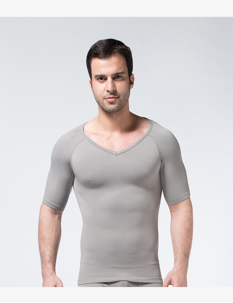 049男士塑身衣短袖收腹束肚护腰健身塑形无缝v领美体束身内衣男