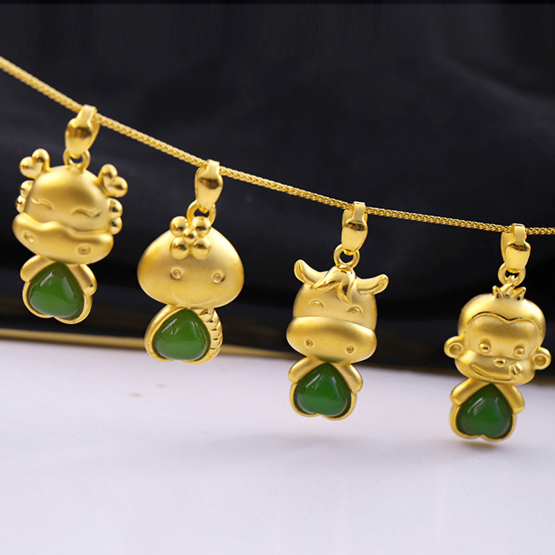 999足金十二生肖鼠牛虎兔龙蛇马羊猴吊坠女金镶玉和田碧玉猪项链