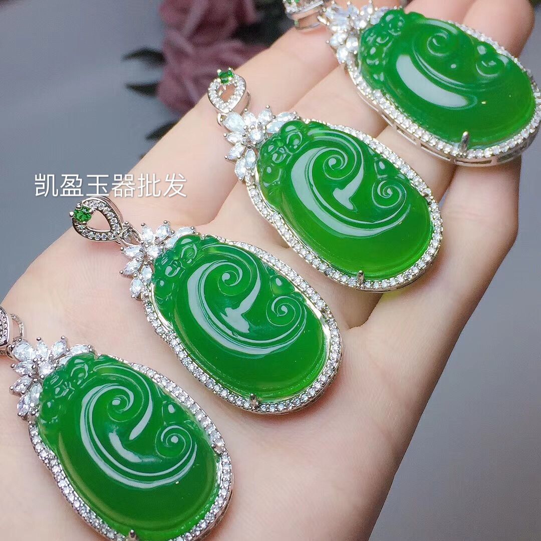 厂家直销高冰s925银镶嵌豪华款绿玉髓如意吊坠绿玛瑙玉石挂件饰品