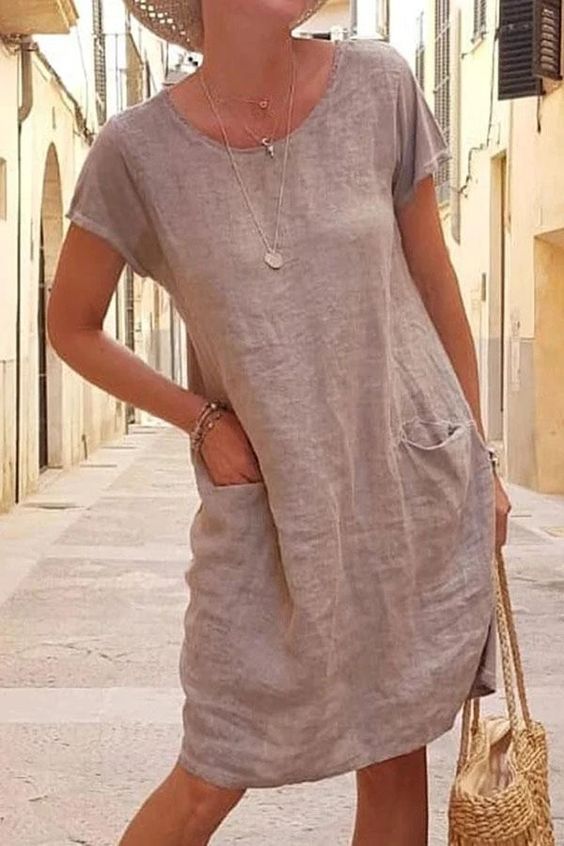 2022ebay Independent Station Wish New Summer Loose Solid Color Pocket Short Sleeve round Neck Cotton and Linen Dress Women's Clothing