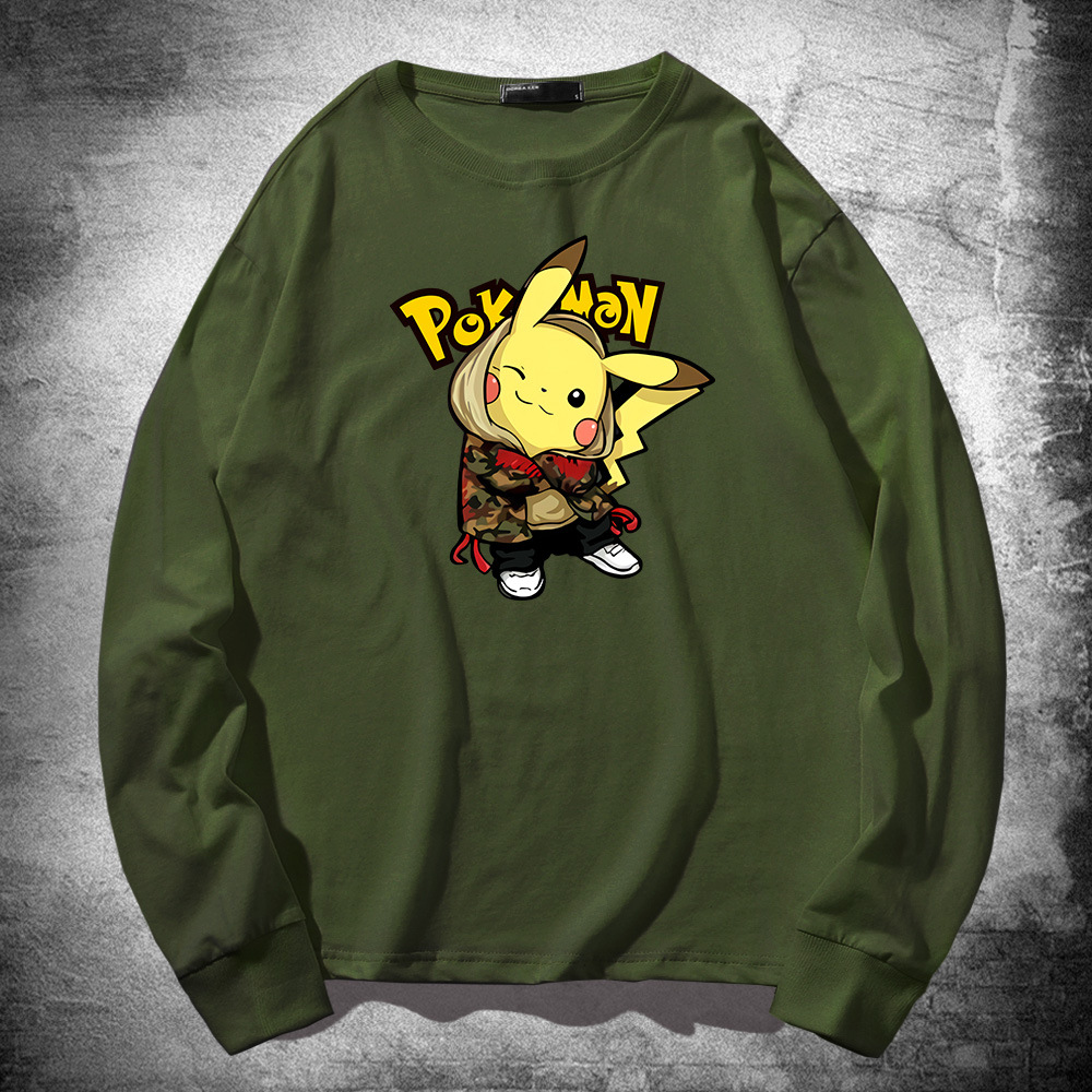 皮卡丘t恤男长袖春秋新款嘻哈可爱宽松衣服潮流卡通动漫联名上衣男