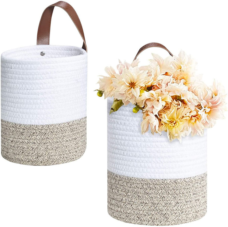 Cotton String Hanging Basket Wall Basket Small Basket with Leather Handle, Storage Bucket Cotton String Handle Storage Rack Plant Basket