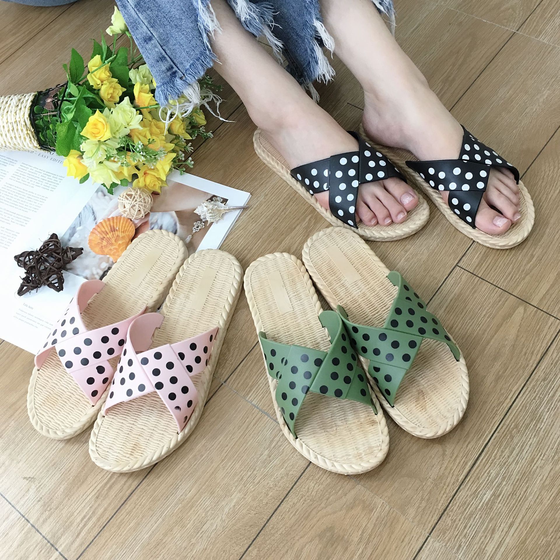 波西米亚波点沙滩凉拖 pvc时尚女人拖鞋促销款 简约休闲外穿女拖