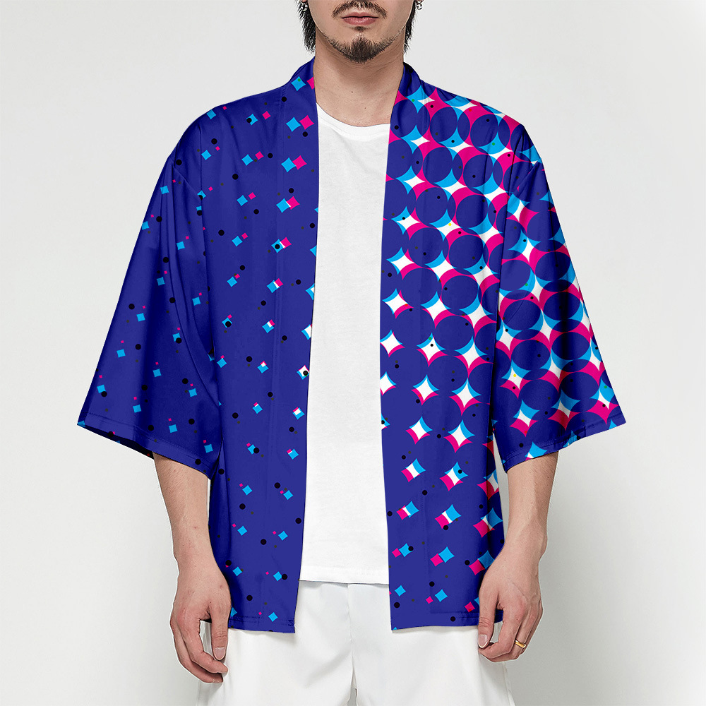 新款波普风元素流行数码印花3d彩印透气和服衬衫