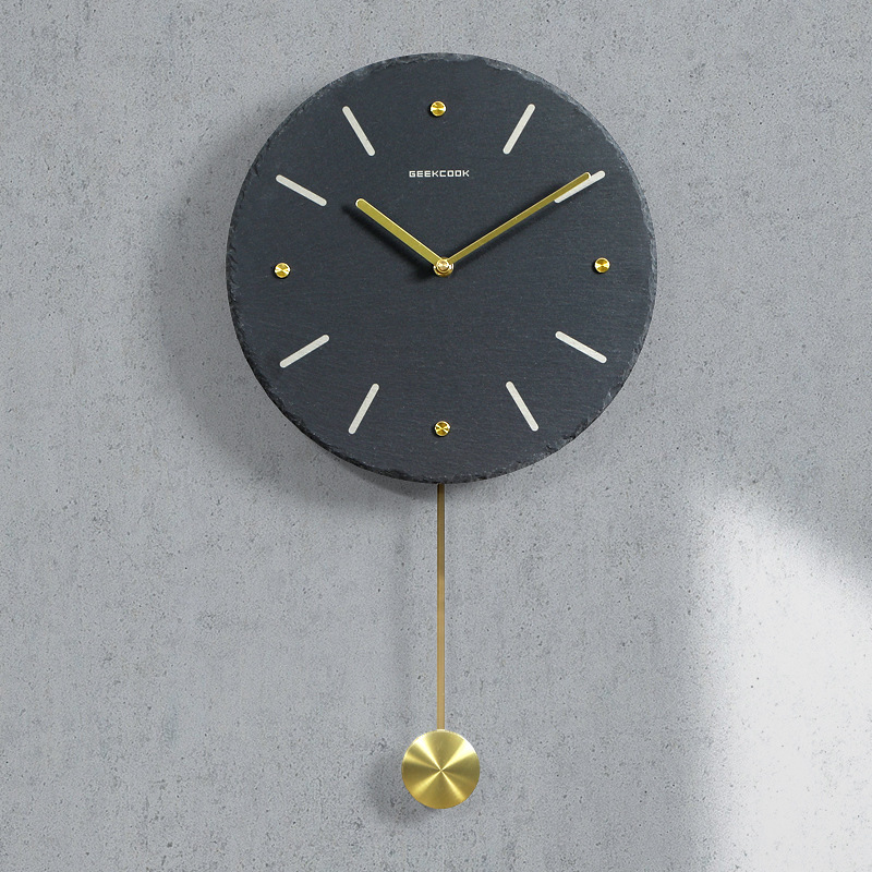 新款圆形岩石轻奢客厅挂钟带钟摆 时尚现代玄关卧室静音时钟现货