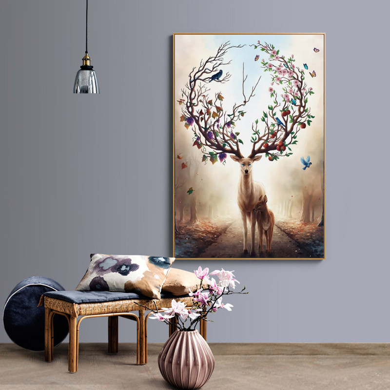 北欧客厅装饰画家居壁画北欧海报装饰画北欧麋鹿动物可定制