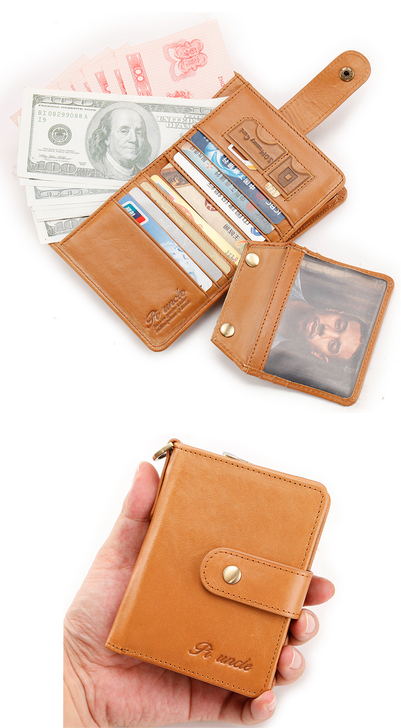 皮六叔新品跨境真皮男士小钱包拉链短款多卡位照片钱夹防盗刷rfid