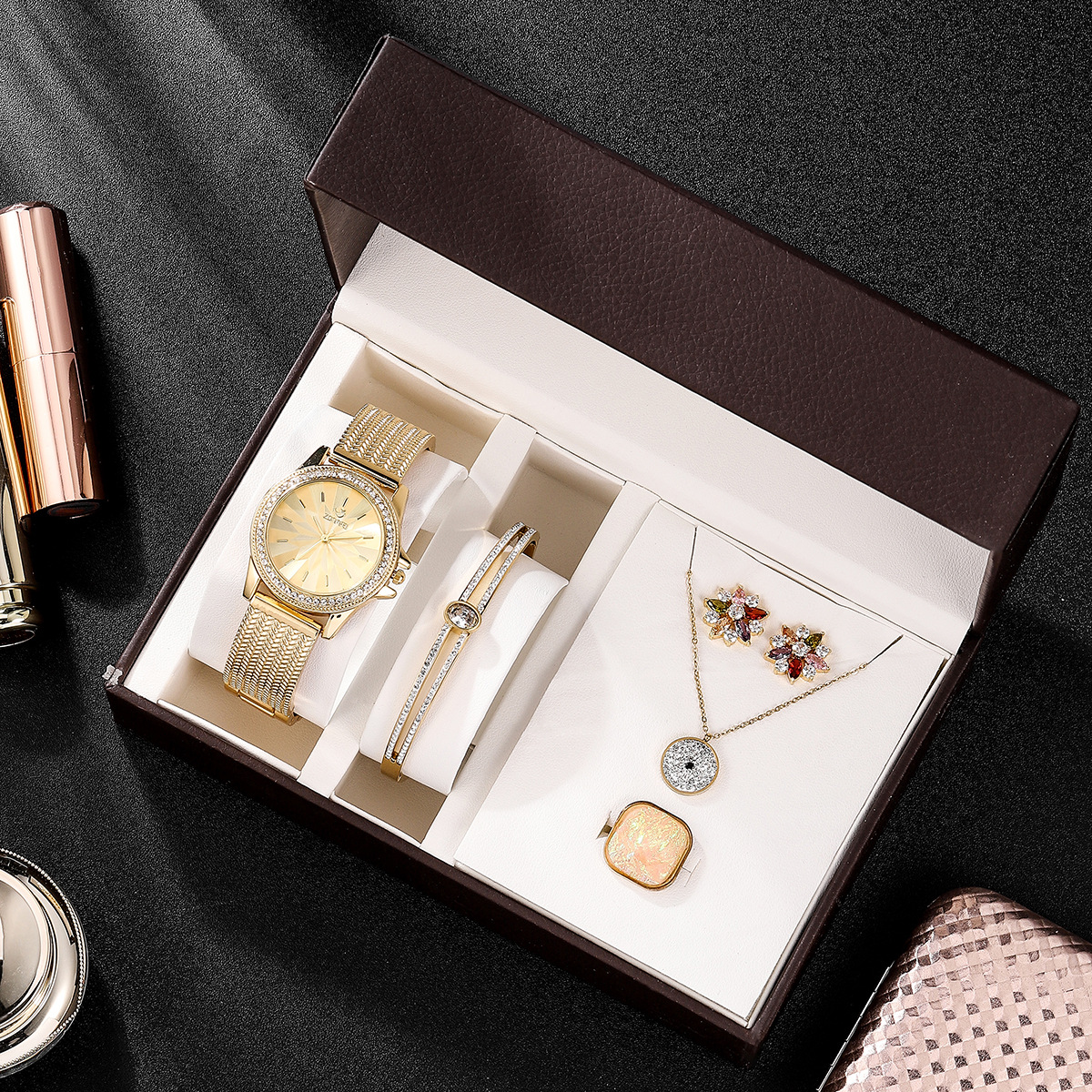 时尚新款5件套女士手表礼盒套装316钛钢保色首饰装饰情人礼品腕表