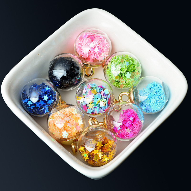 10个装 16mm彩色五星亮片玻璃水晶球钥匙扣吊坠挂件手工饰品材料