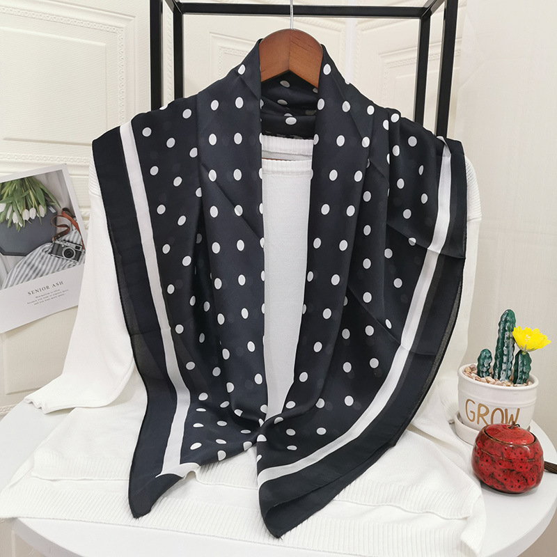 New Ins Style Silk Scarf Women's Retro French Polka Dot Black and White Scarf Decorations Scarf Silk Thin Shawl