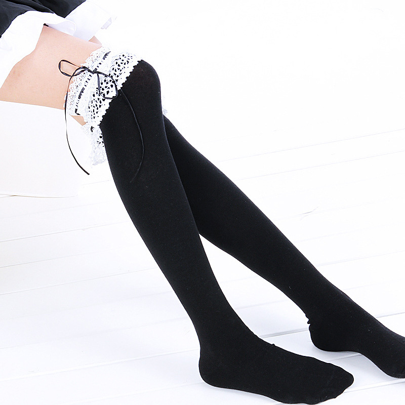 日系lolita学院风棉洛丽塔高筒袜花边过膝袜蝴蝶结绑带cos女仆袜