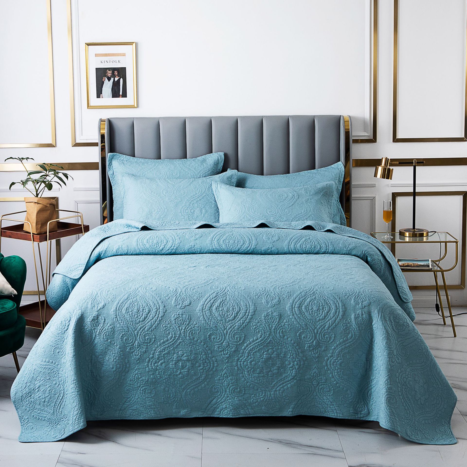 东铭家纺绗缝被三件套 跨境绣花素色被学校床上用品空调被