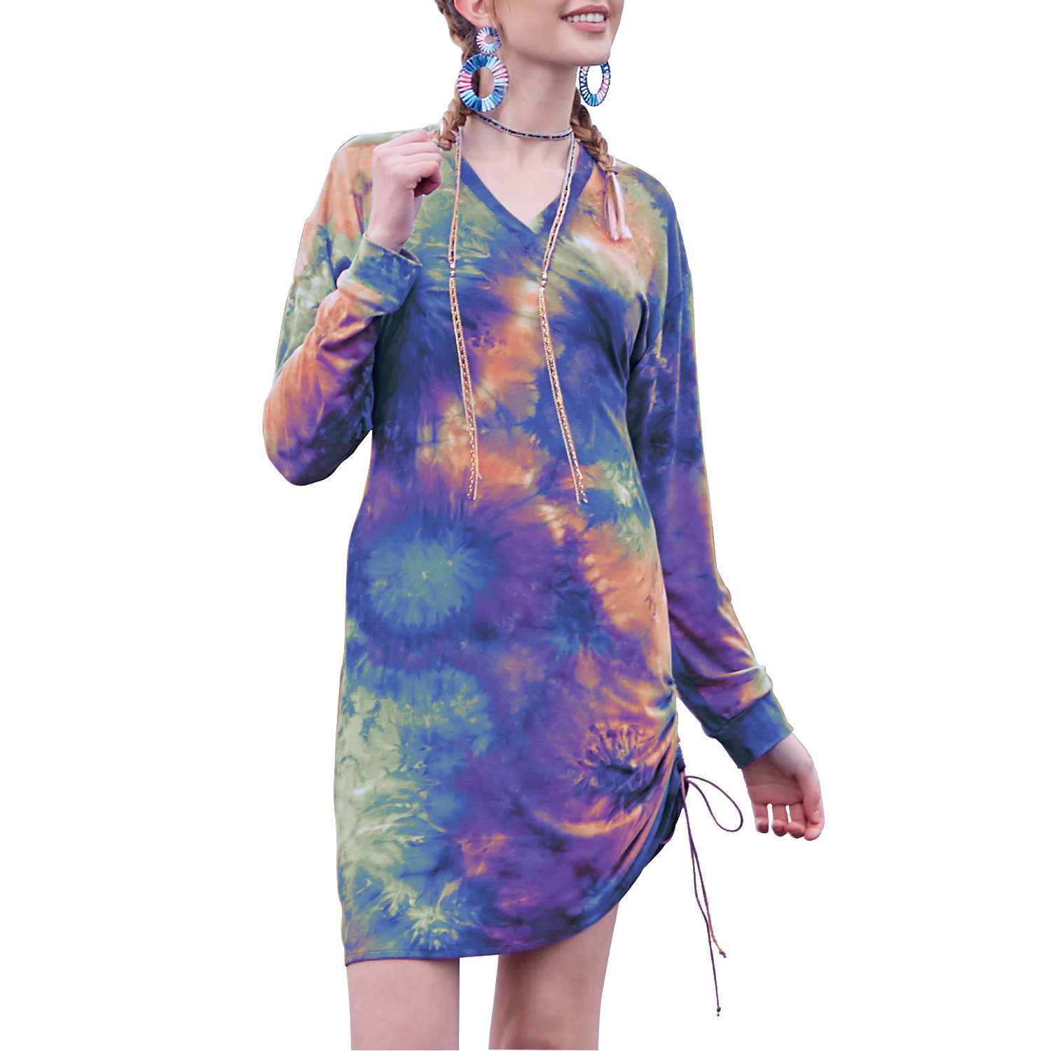 跨境wish亚马逊ebay新品2020欧美女装扎染印花v领抽绳连衣裙