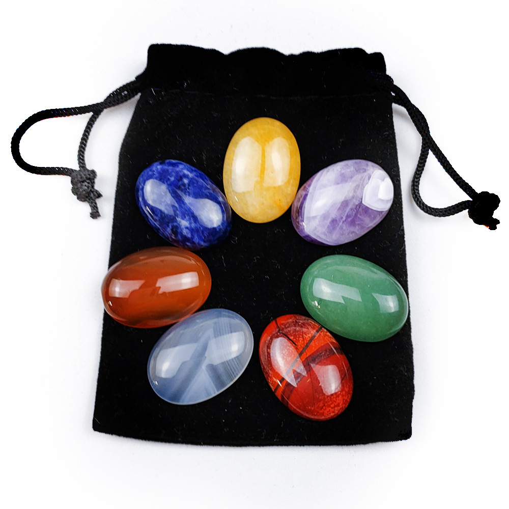 Natural Crystal Gemstone Agate Colorful Stone Set Ring Gem Oval Egg-Shaped Decoration Gift Flannel Bag Gift Collection