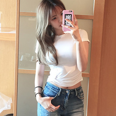 韩国女装2021夏季紧身显瘦显身材腰部拧节修身性感露脐短袖t恤女