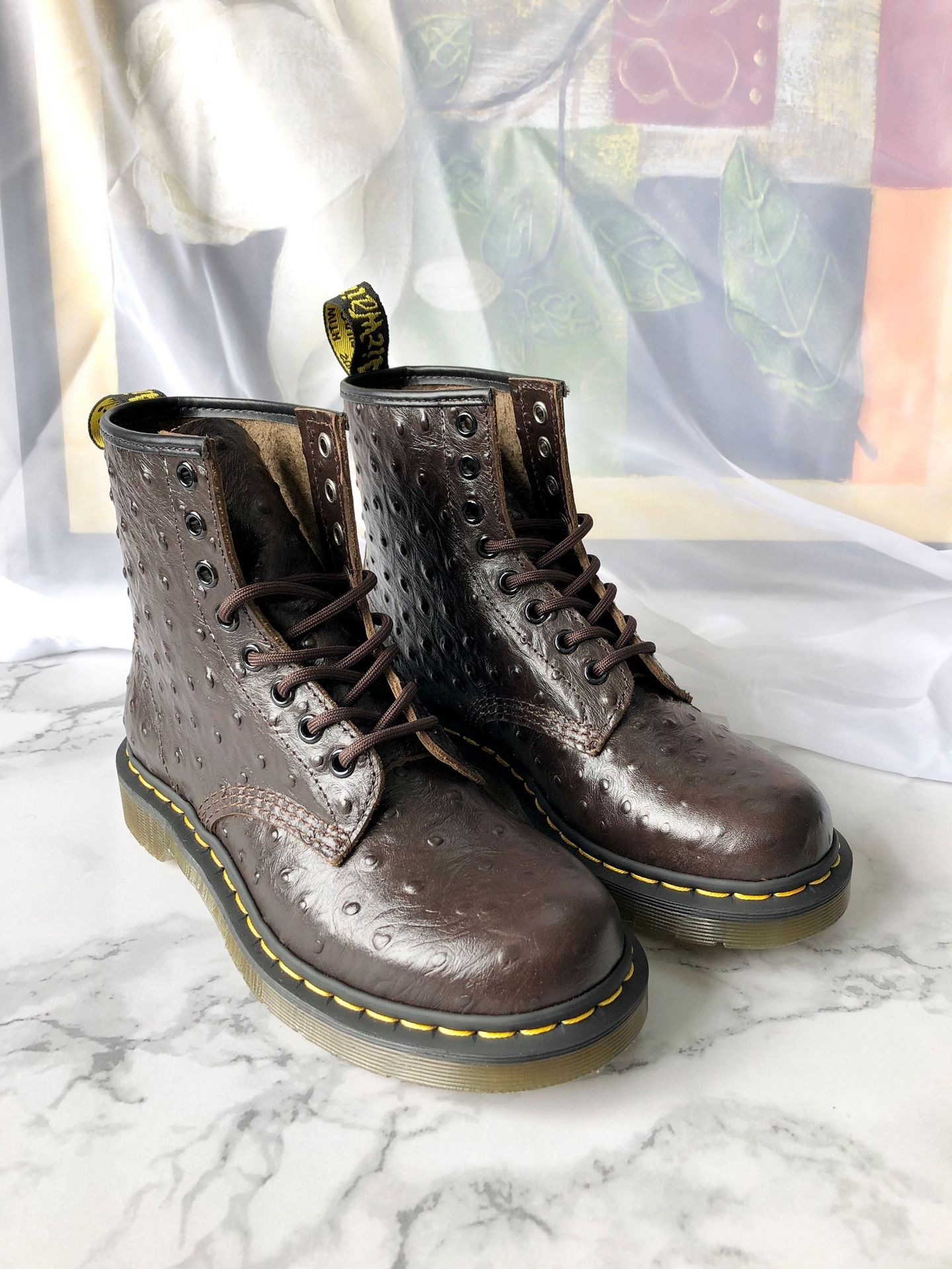 经典马丁靴鸵鸟纹shypisces春秋女英伦风真皮厚底机车靴子女短靴