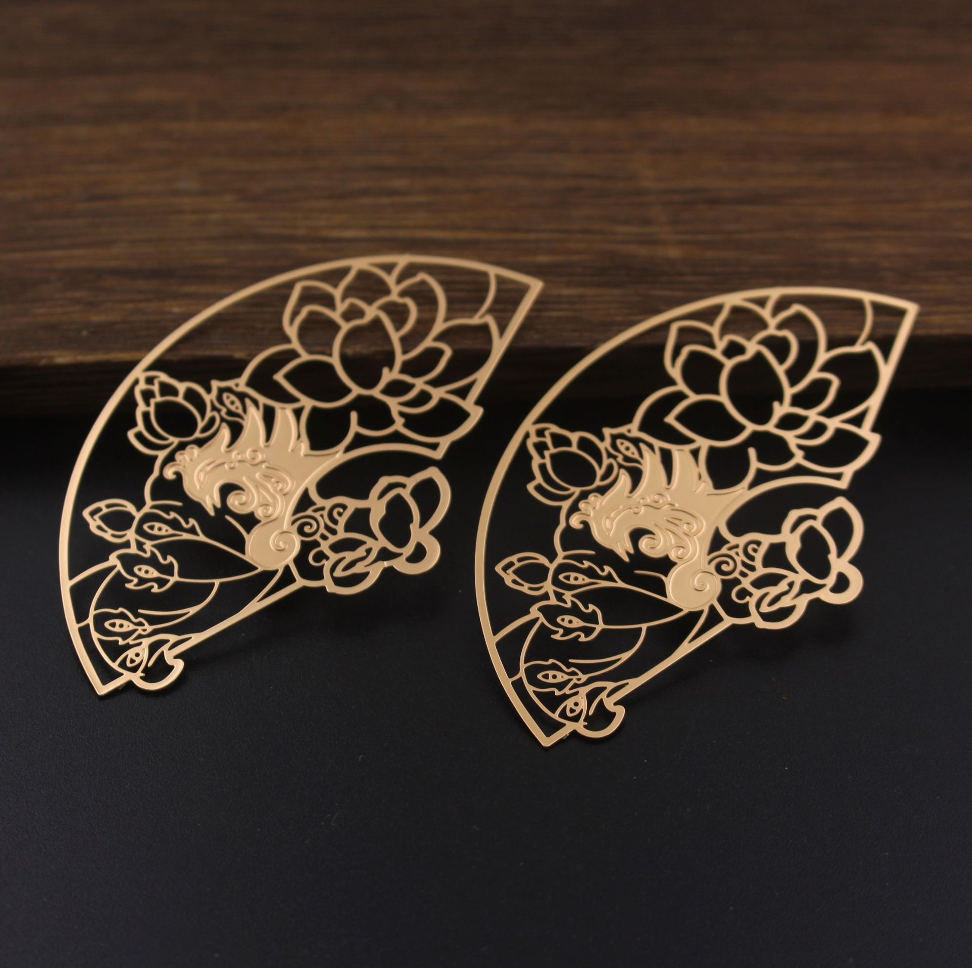 古风书签金色荷花铜片 扇形书签镂空流苏黄铜礼品古典中国风