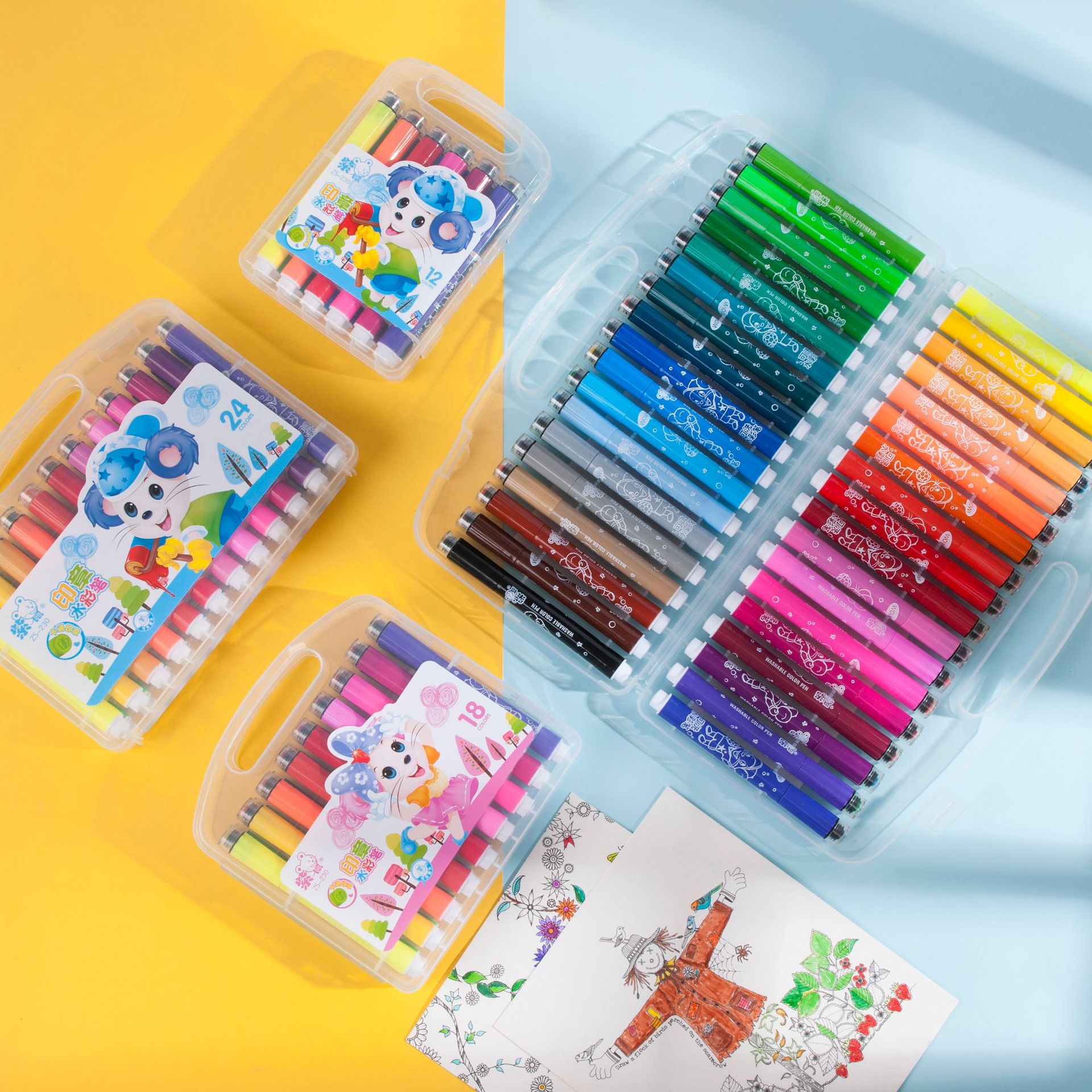 水彩笔48色大容量盒装12色印章款画画笔粗杆纤维头儿童文具套装