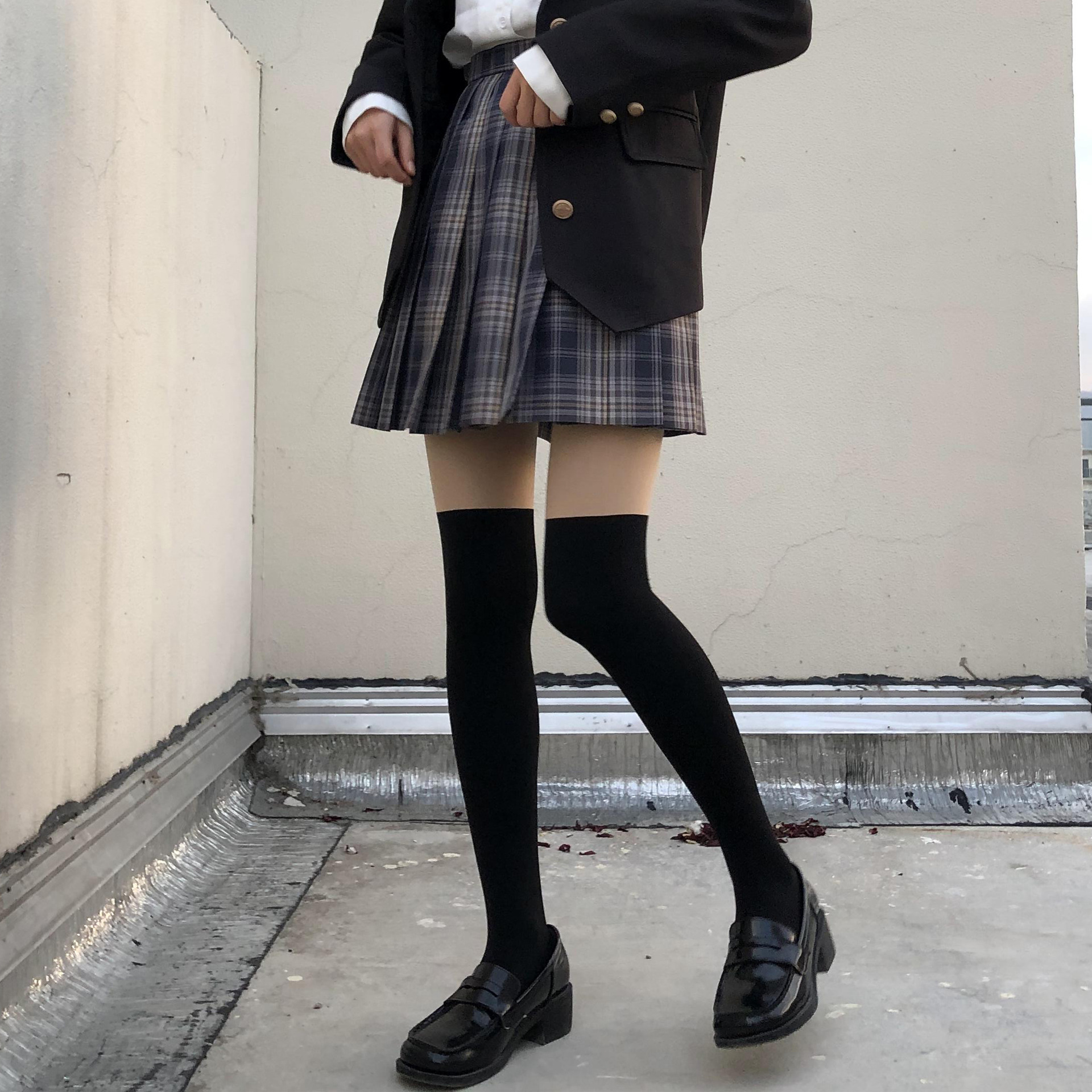 新款拼接光腿袜秋冬日系jk搭配假透肉双层防掉假小腿过膝袜打底裤