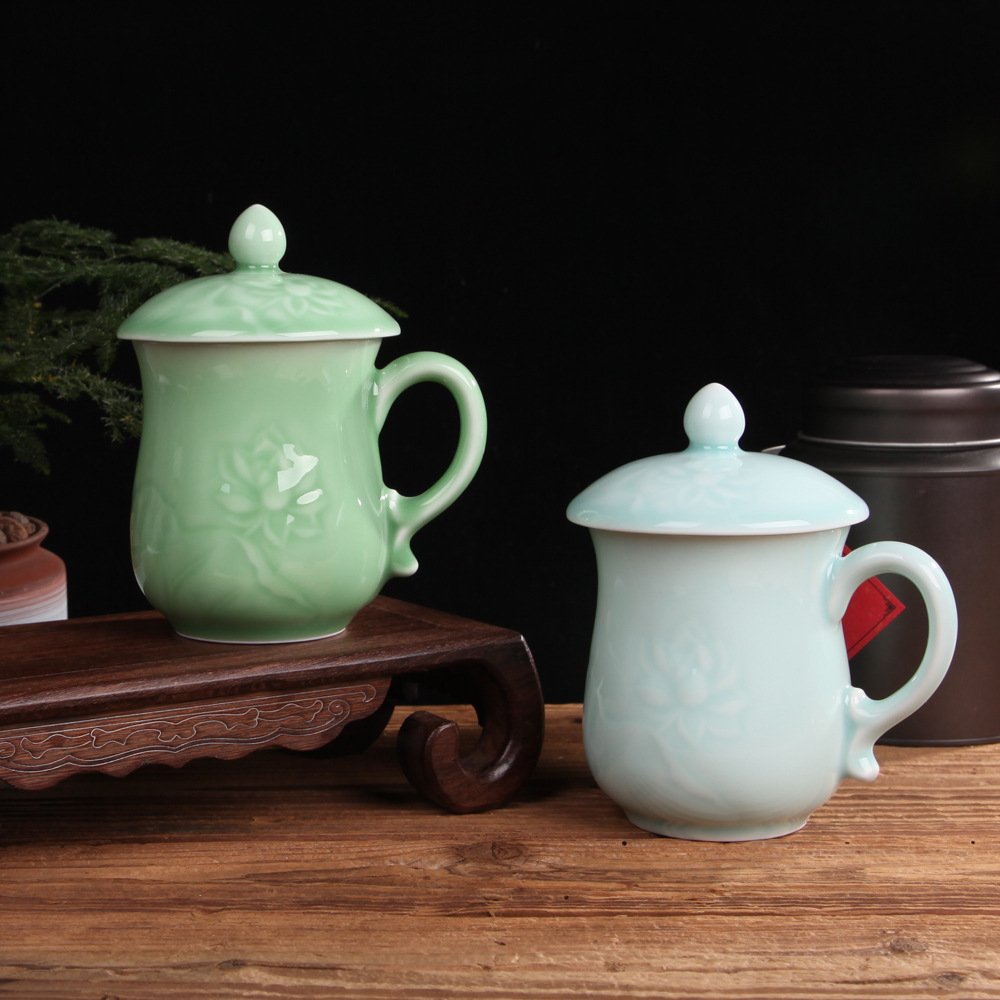 青瓷茶具 带盖杯子家用简约茶杯陶瓷杯办公室会议杯礼盒 定制logo