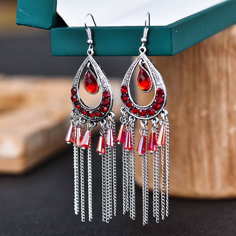 Special Chinese Style Multi-Layer Long Chain Tassel Earrings European and American Stylish Water Drop Diamond Alloy Graceful Earrings