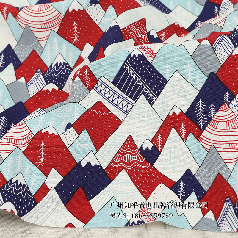 c1624# 卡通简笔画雪峰山峰印花布 diy包包服装手工布料