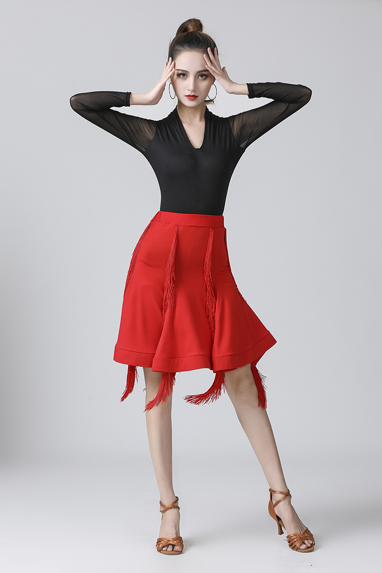 拉丁舞服装女成人舞裙拉丁舞短裙练功服大摆舞裙流苏长袖连体衣