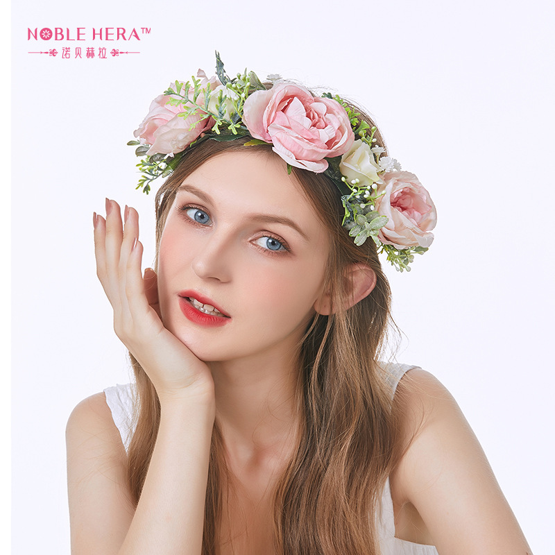 赫拉新款清新大朵牡丹花冠舞会派对发饰新娘度假仿真多色发带批发