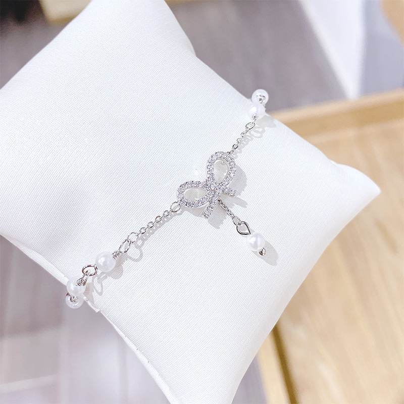 2023 New Bracelet Women's Korean-Style Simple Double Layers Loving Heart Bow Bracelet Full Diamond Pearl Bracelet Source Factory