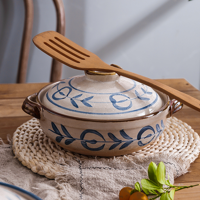 Retro Hand-Painted Japanese Soup Pot Stone Pot Rice Rice Cookers Clay Pot Blue Tangcao Fishing Rattan Japan Olla 1