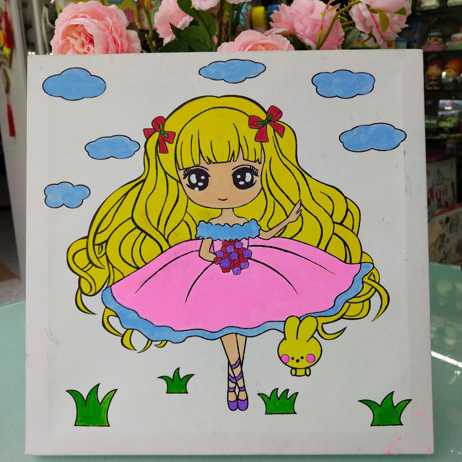 儿童diy趣味涂鸦画套装 30x30布油画木框卡通油画丙烯颜料材料包