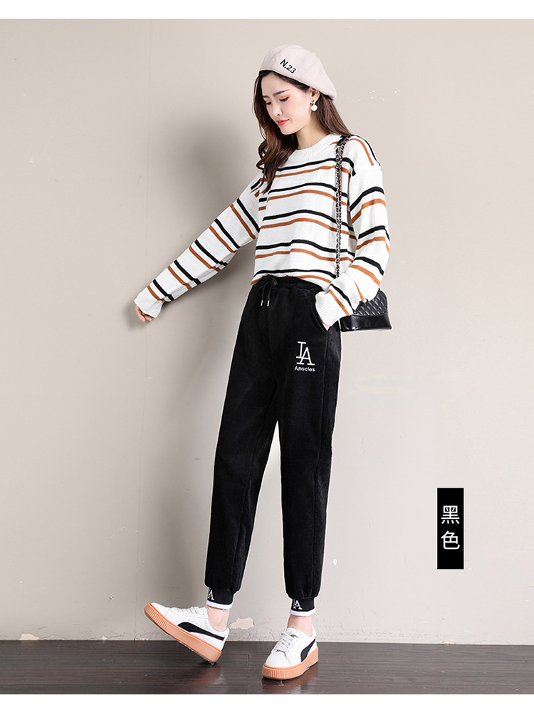 冬季加厚加绒束脚裤韩版学生运动款灯笼裤女高腰加绒宽松休闲裤女