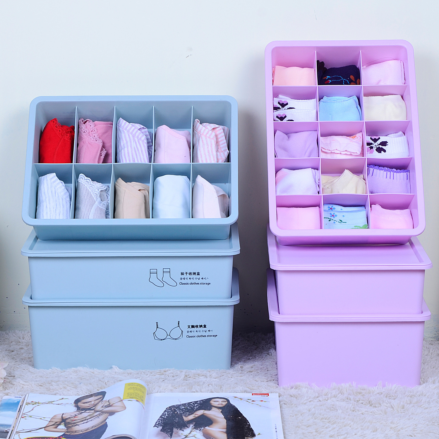 代发分格有盖收纳盒内裤袜子装文胸内衣批发整理收纳箱塑料抽屉式
