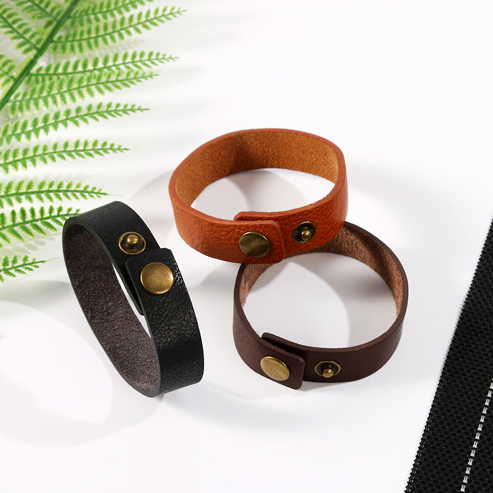 真皮手环男士宽皮手链纽扣新款女手环简约牛皮休闲腕带跨境皮饰品