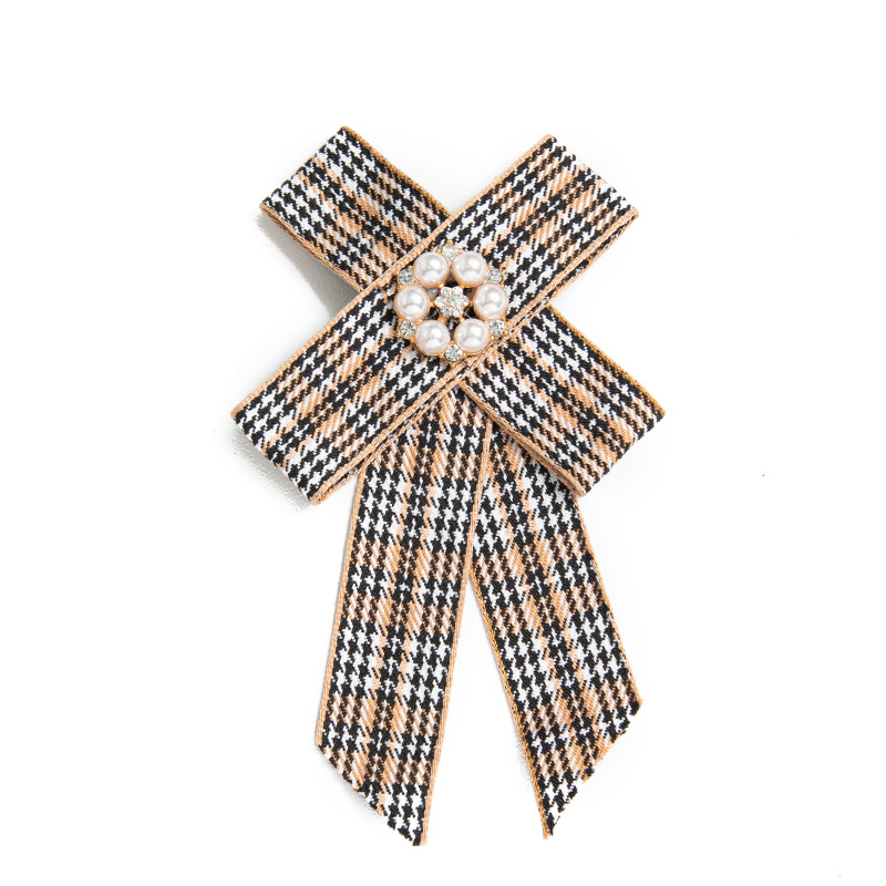 欧美流行复古英伦风蝴蝶结镶嵌珍珠布艺格子领针衣服配饰胸针