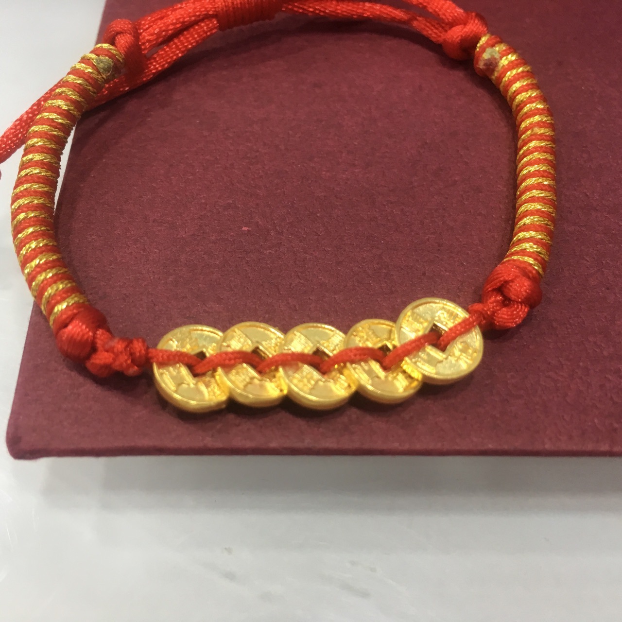 五帝铜钱币 999足金3d硬金红绳小金珠手链珠宝批发皇帝通宝铜钱