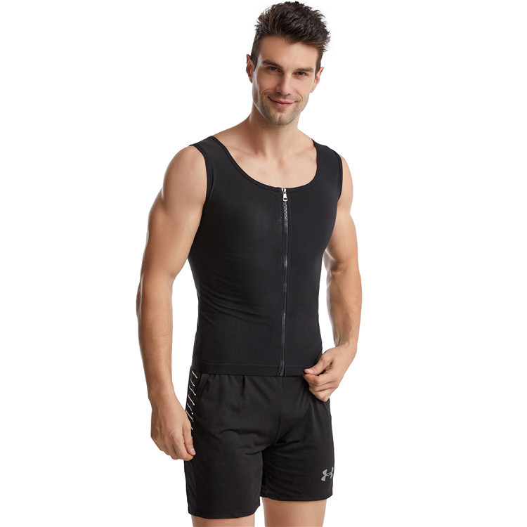 亚马逊男士涂银拉链式束身衣收腹塑腰桑拿束腰背心运动暴汗塑身衣