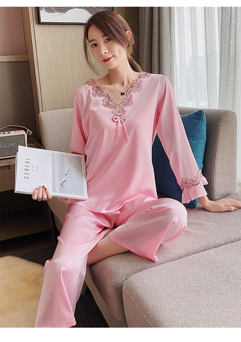 春夏新款冰丝睡衣韩版蕾丝仿真丝女士网红长袖丝绸睡衣套装