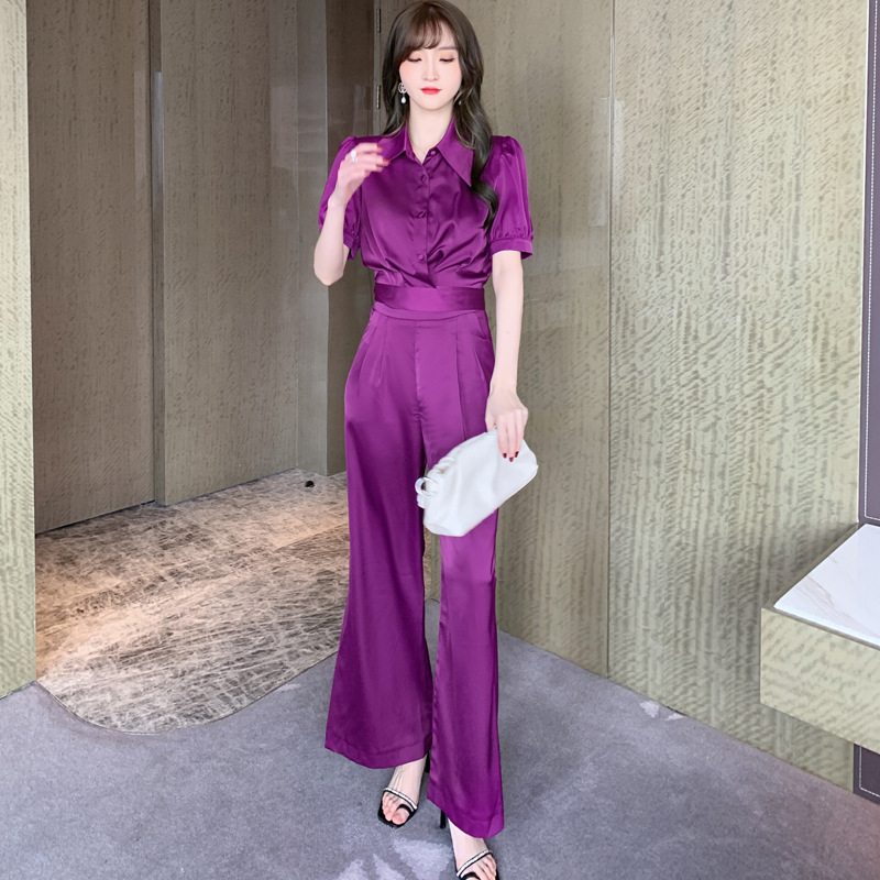两件套2022夏季新款韩版优雅贵气紫收腰短袖衬衫阔腿裤套装裤4024